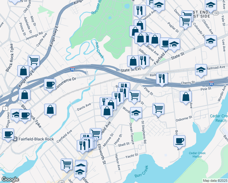 map of restaurants, bars, coffee shops, grocery stores, and more near 33 Wakeman Street in Bridgeport