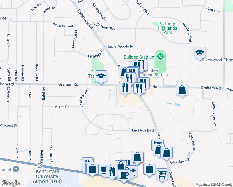 map of restaurants, bars, coffee shops, grocery stores, and more near 4070 Fishcreek Road in Stow