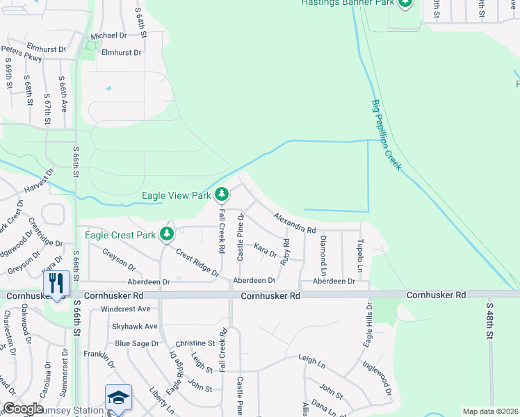map of restaurants, bars, coffee shops, grocery stores, and more near 2203 Alexandra Road in Papillion