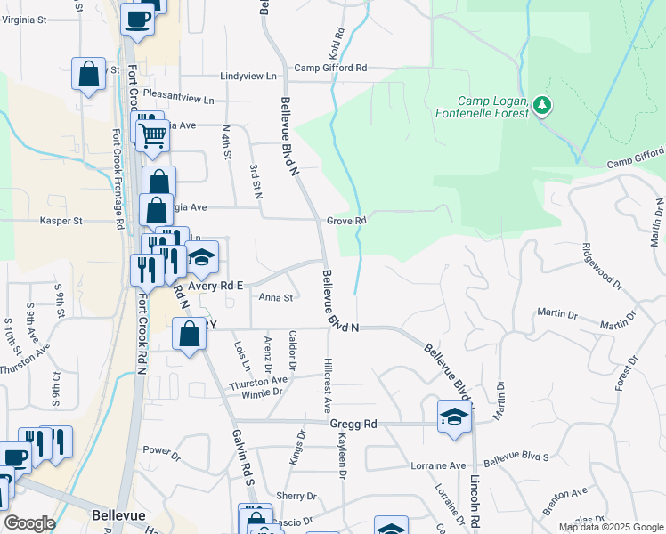 map of restaurants, bars, coffee shops, grocery stores, and more near 405 Bellevue Boulevard North in Bellevue