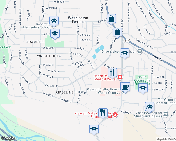 map of restaurants, bars, coffee shops, grocery stores, and more near 5488 South 250 East in Ogden