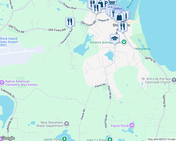 map of restaurants, bars, coffee shops, grocery stores, and more near 1127 High Street in New Shoreham