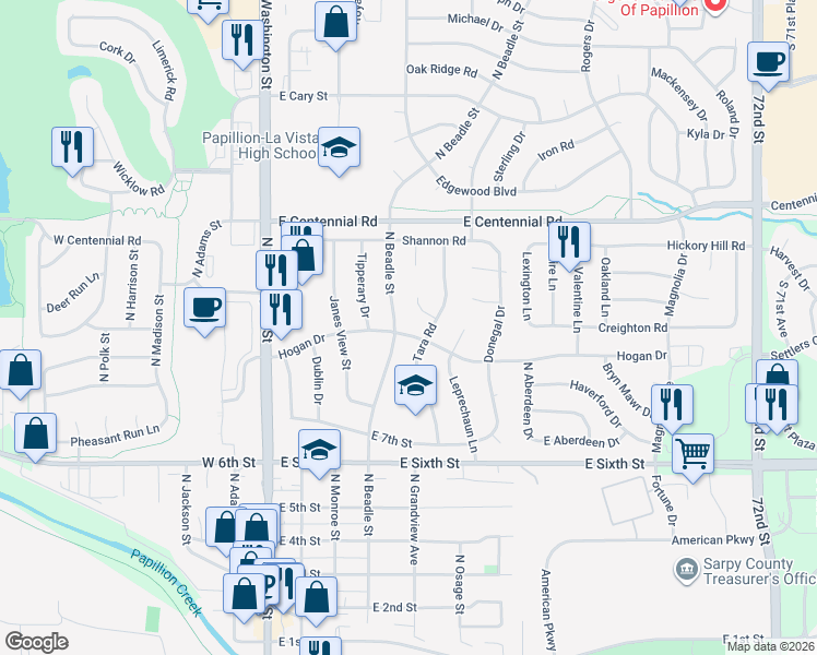 map of restaurants, bars, coffee shops, grocery stores, and more near 602 Hogan Drive in Papillion