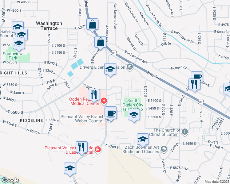map of restaurants, bars, coffee shops, grocery stores, and more near 5390 South 550 East in Ogden