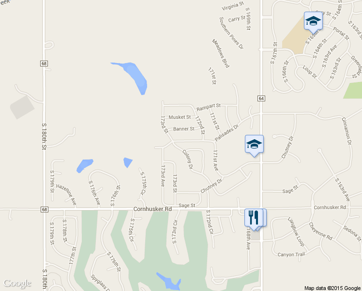 map of restaurants, bars, coffee shops, grocery stores, and more near 17230 Colony Dr in Omaha