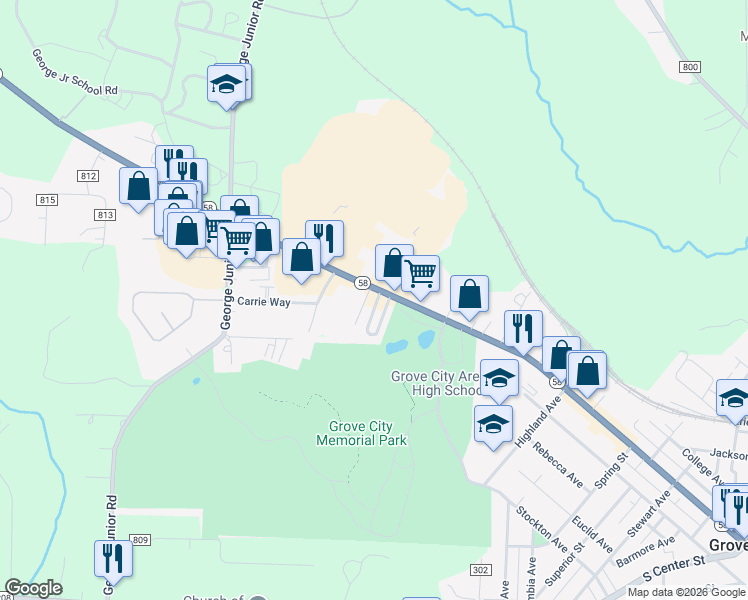 map of restaurants, bars, coffee shops, grocery stores, and more near 1322 West Main Street in Grove City