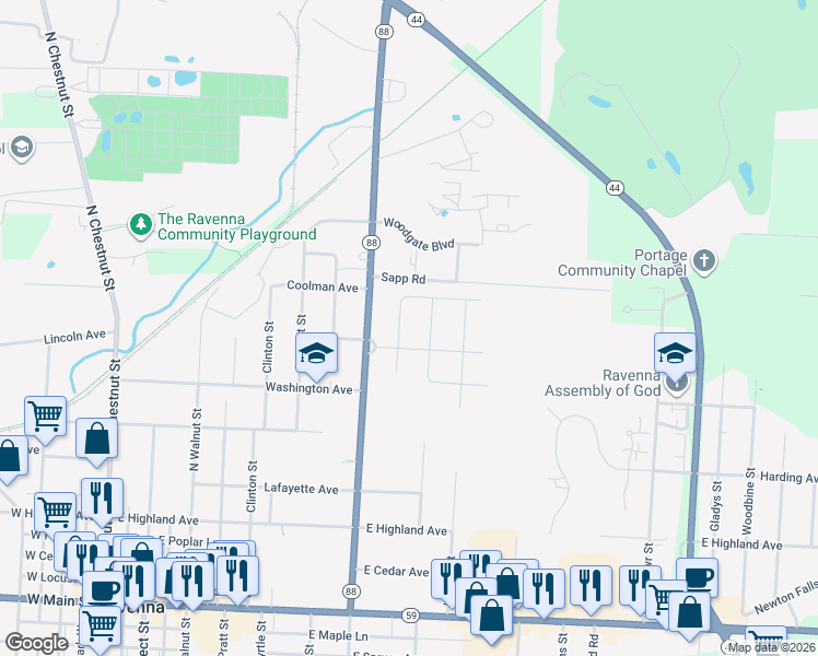 map of restaurants, bars, coffee shops, grocery stores, and more near 716 Sheldon Street in Ravenna