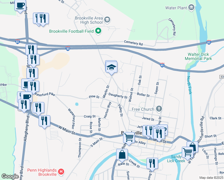 map of restaurants, bars, coffee shops, grocery stores, and more near 54 Marlin St in Brookville