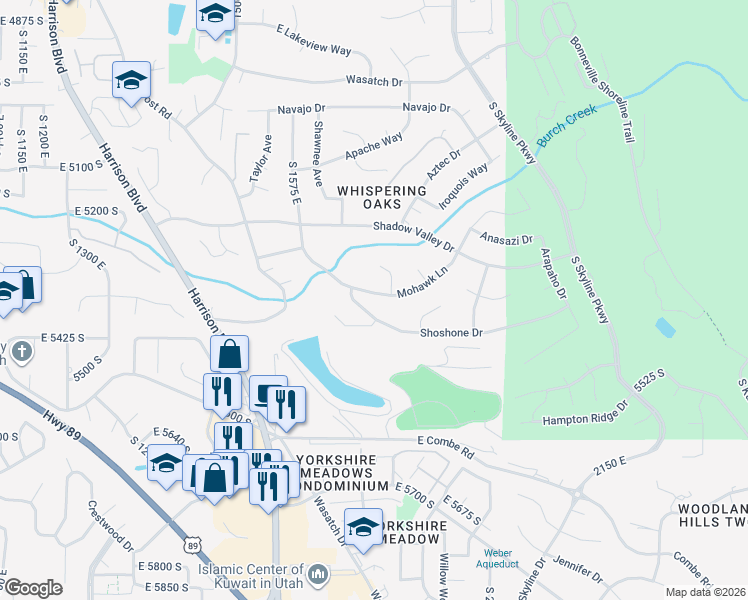 map of restaurants, bars, coffee shops, grocery stores, and more near 1697 Mohawk Lane in Ogden