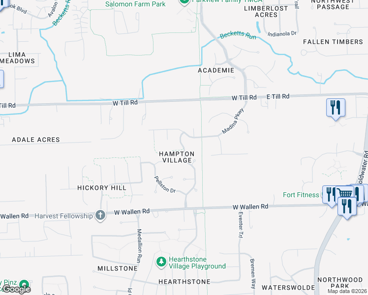 map of restaurants, bars, coffee shops, grocery stores, and more near 9205 Olmston Drive in Fort Wayne