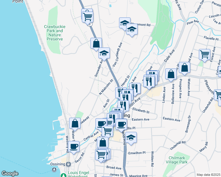 map of restaurants, bars, coffee shops, grocery stores, and more near 5 Sarah Street in Ossining