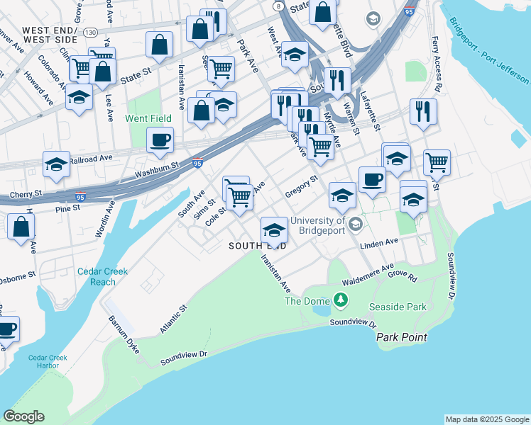 map of restaurants, bars, coffee shops, grocery stores, and more near 493-495 Gregory Street in Bridgeport