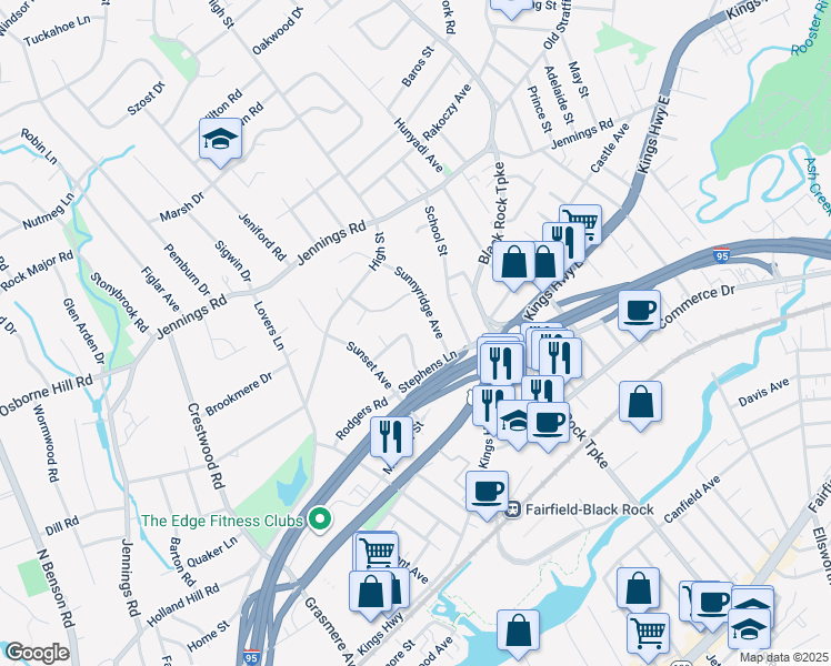 map of restaurants, bars, coffee shops, grocery stores, and more near 20 Dawn Street in Fairfield