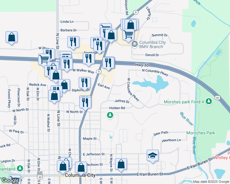 map of restaurants, bars, coffee shops, grocery stores, and more near 405 Eagle Court in Columbia City