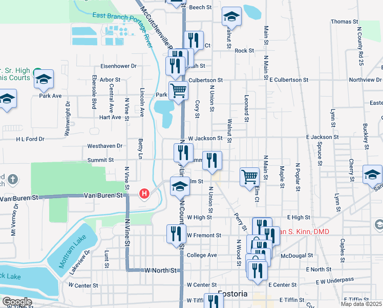map of restaurants, bars, coffee shops, grocery stores, and more near 700-796 N Countyline St in Fostoria
