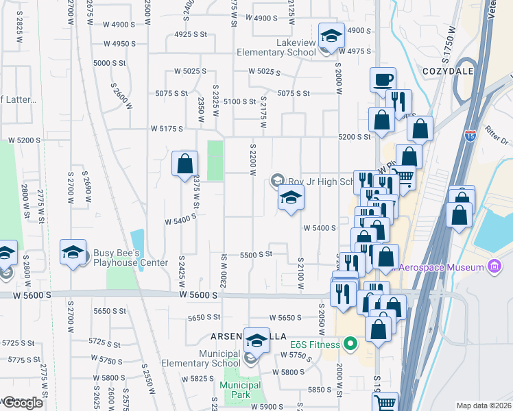 map of restaurants, bars, coffee shops, grocery stores, and more near 5376 South 2200 West in Roy