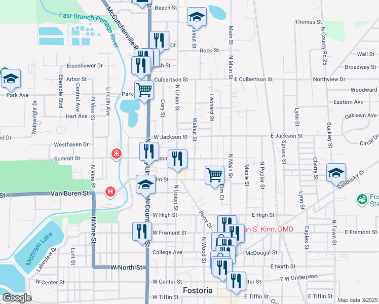 map of restaurants, bars, coffee shops, grocery stores, and more near 816 North Union Street in Fostoria