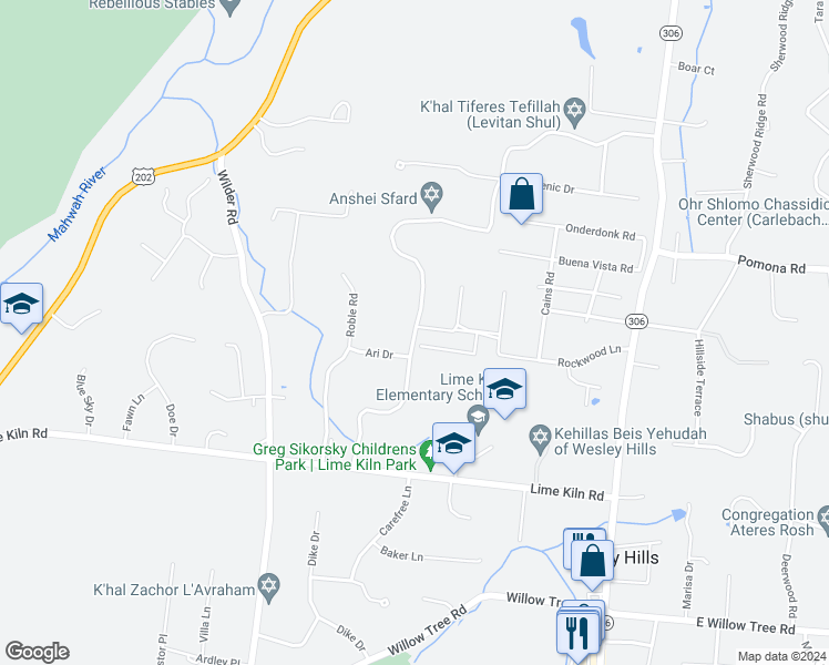 map of restaurants, bars, coffee shops, grocery stores, and more near 16 Powder Horn Drive in Suffern