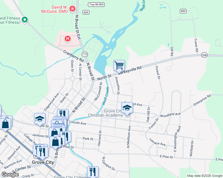 map of restaurants, bars, coffee shops, grocery stores, and more near 623 Riverside Avenue in Grove City