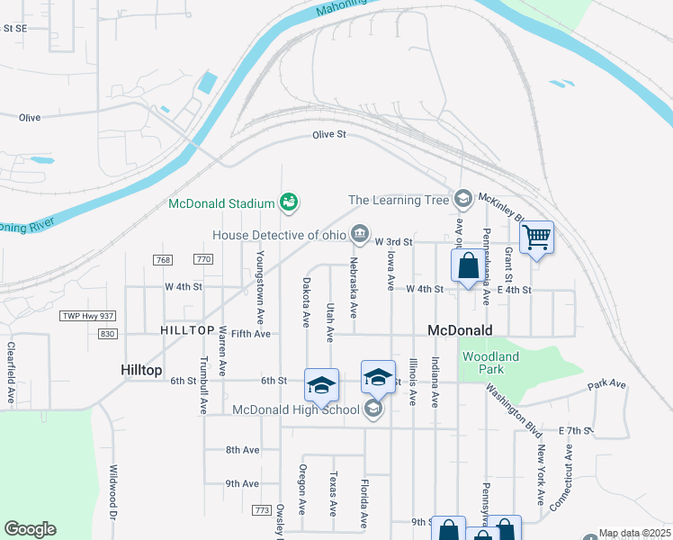 map of restaurants, bars, coffee shops, grocery stores, and more near 345 Utah Avenue in McDonald