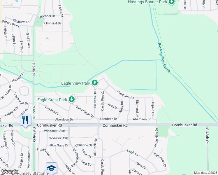 map of restaurants, bars, coffee shops, grocery stores, and more near 2203 Alexandra Road in Papillion