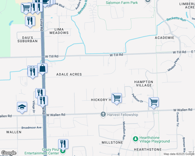 map of restaurants, bars, coffee shops, grocery stores, and more near 1007 Rabus Drive in Fort Wayne