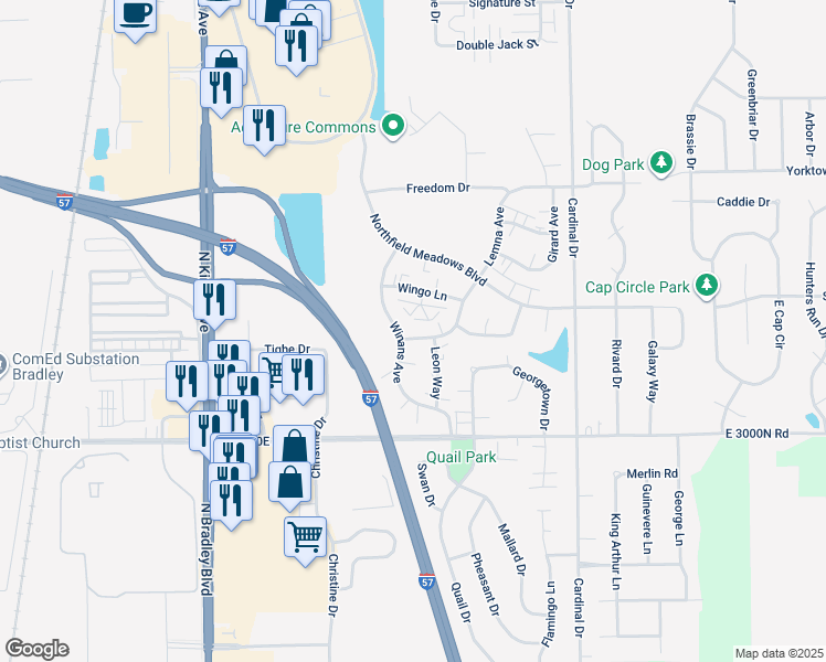 map of restaurants, bars, coffee shops, grocery stores, and more near 1319 Lemna Avenue in Bourbonnais