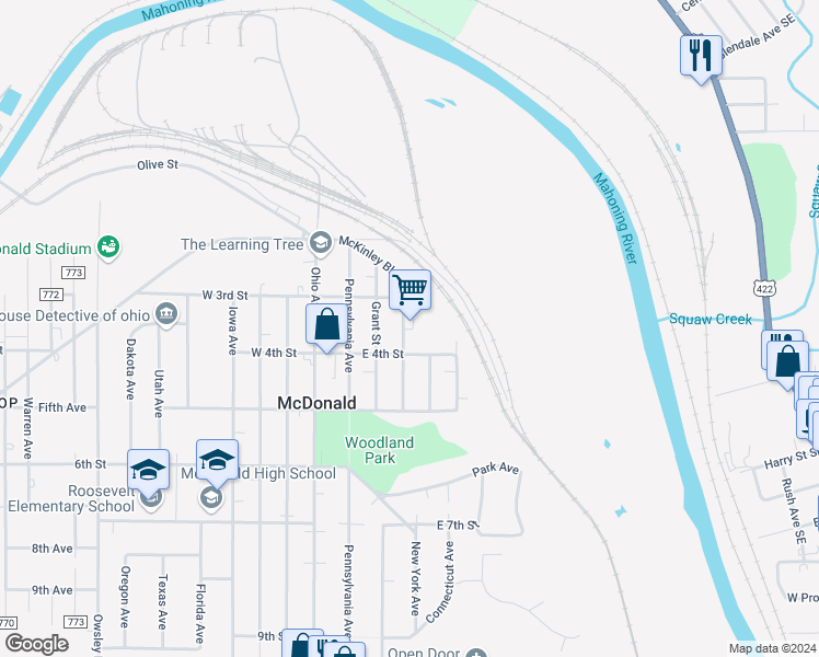 map of restaurants, bars, coffee shops, grocery stores, and more near 329 Hayes Avenue in McDonald