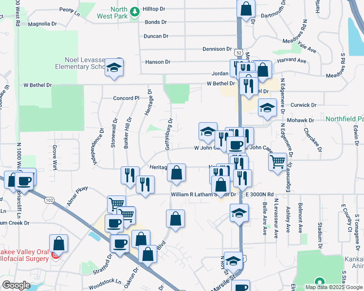 map of restaurants, bars, coffee shops, grocery stores, and more near 315 West John Casey Road in Bourbonnais