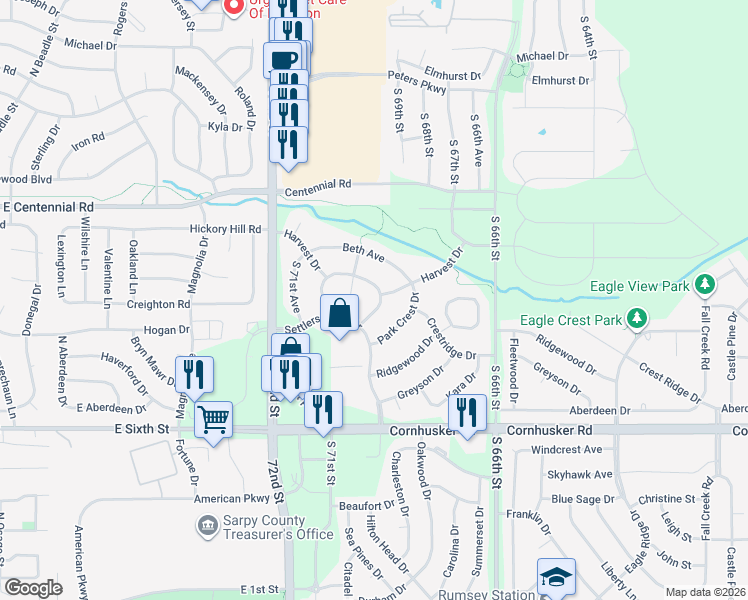 map of restaurants, bars, coffee shops, grocery stores, and more near 9410 South 69th Street in Papillion