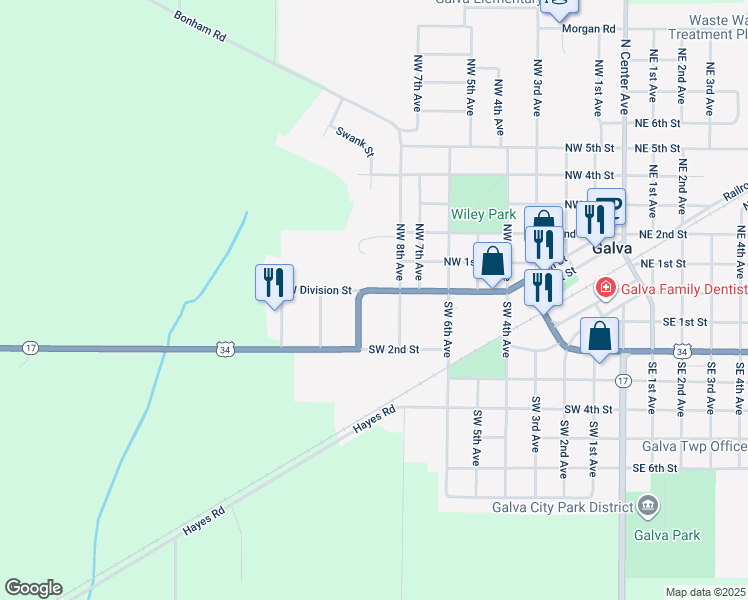 map of restaurants, bars, coffee shops, grocery stores, and more near 821 West Division Street in Galva