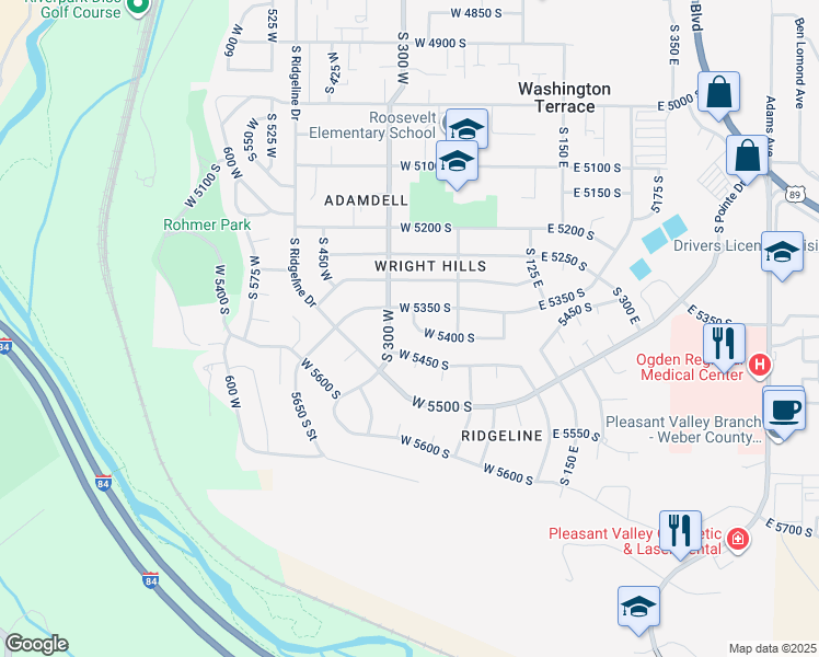 map of restaurants, bars, coffee shops, grocery stores, and more near 269 5400 South Street in Ogden