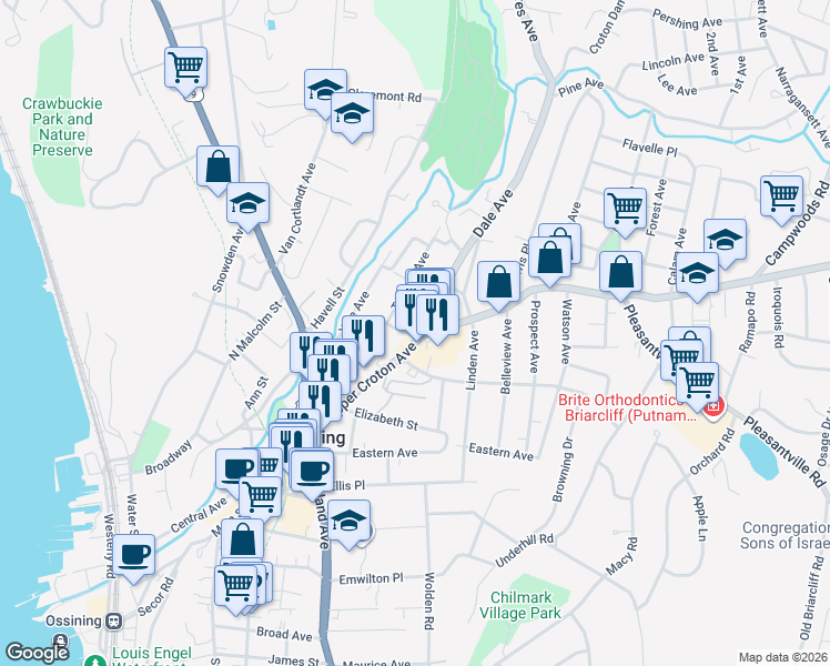 map of restaurants, bars, coffee shops, grocery stores, and more near 1 New York 134 in Ossining