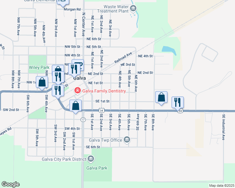map of restaurants, bars, coffee shops, grocery stores, and more near 317 East Division Street in Galva