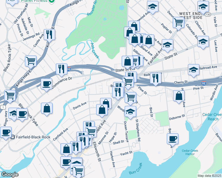 map of restaurants, bars, coffee shops, grocery stores, and more near 33 Wakeman Street in Bridgeport