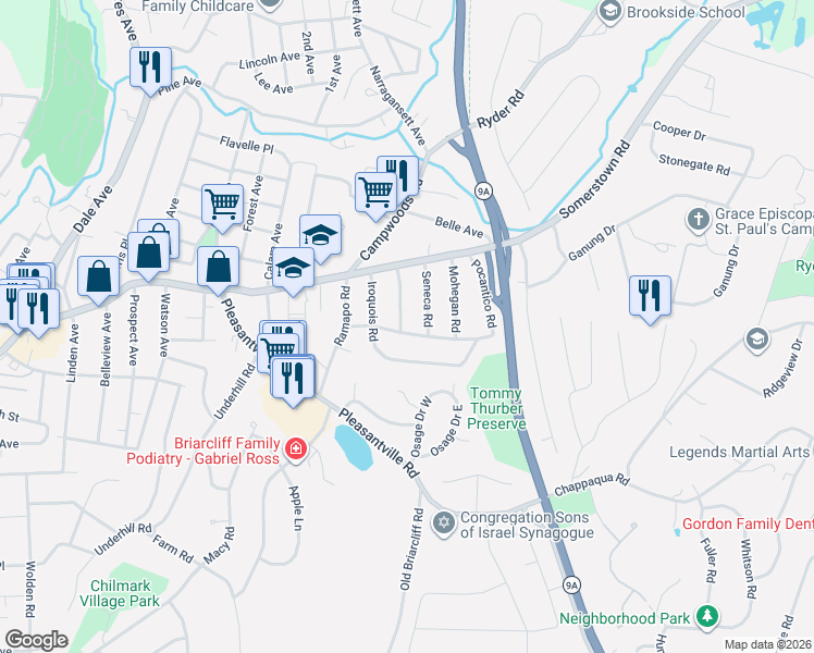 map of restaurants, bars, coffee shops, grocery stores, and more near 21 Mohawk Road in Ossining