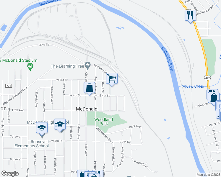 map of restaurants, bars, coffee shops, grocery stores, and more near 326 Hayes Avenue in McDonald