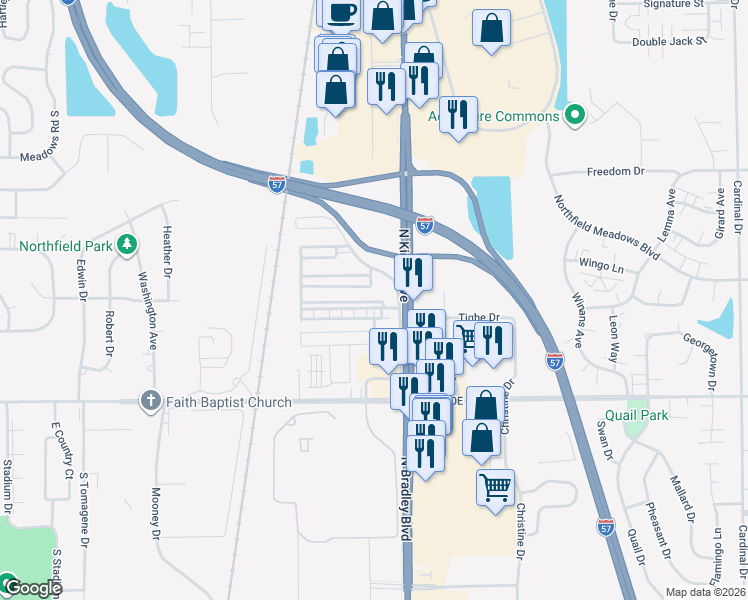 map of restaurants, bars, coffee shops, grocery stores, and more near 1355 North Arthur Burch Drive in Bourbonnais