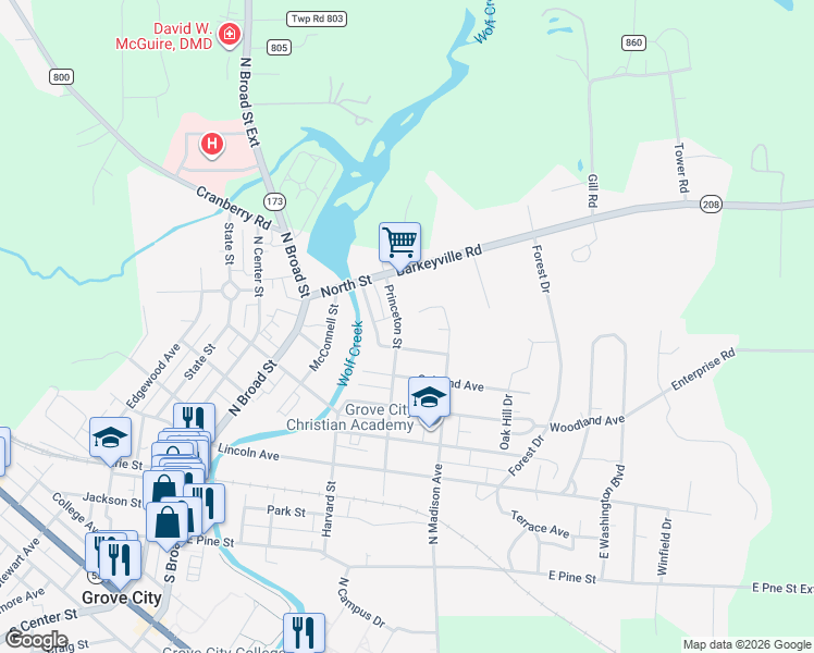 map of restaurants, bars, coffee shops, grocery stores, and more near 608 Princeton Street in Grove City