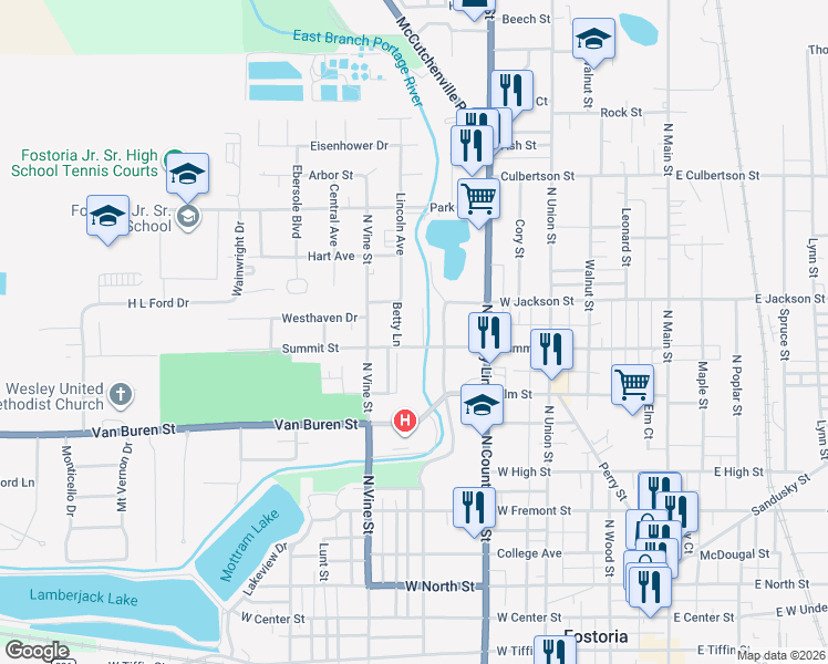 map of restaurants, bars, coffee shops, grocery stores, and more near 707 Portage Drive in Fostoria