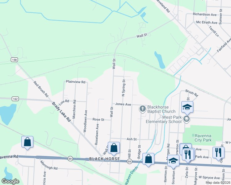 map of restaurants, bars, coffee shops, grocery stores, and more near 6442 Wall Street in Ravenna