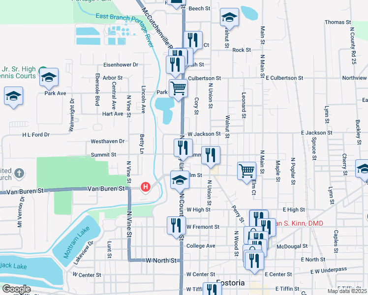 map of restaurants, bars, coffee shops, grocery stores, and more near 700 North County Line Street in Fostoria