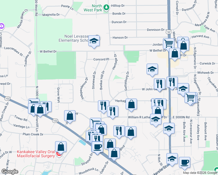 map of restaurants, bars, coffee shops, grocery stores, and more near 740 Bunker Hill Drive in Bourbonnais