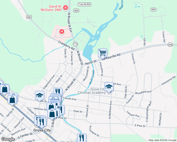 map of restaurants, bars, coffee shops, grocery stores, and more near 461 Mc Connell Street in Grove City