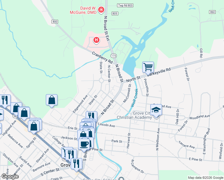 map of restaurants, bars, coffee shops, grocery stores, and more near 409 North Center Street in Grove City