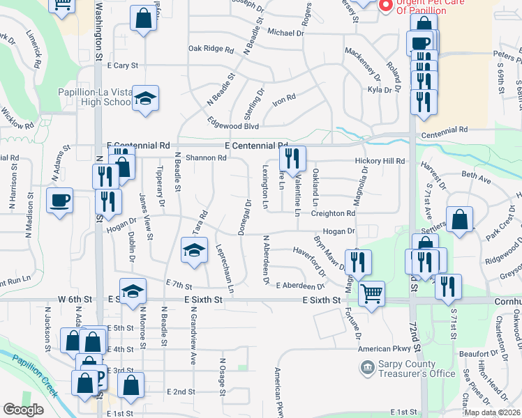 map of restaurants, bars, coffee shops, grocery stores, and more near 802 Lexington Ln in Papillion