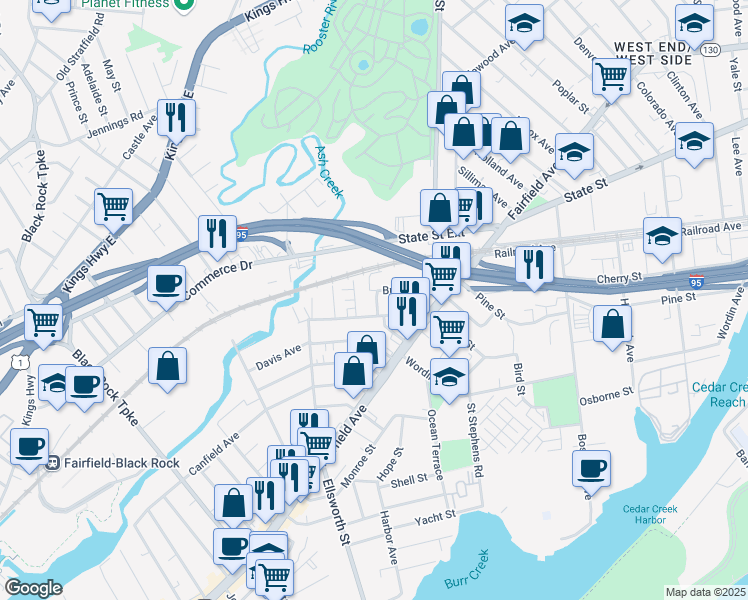 map of restaurants, bars, coffee shops, grocery stores, and more near 33 Wakeman Street in Bridgeport