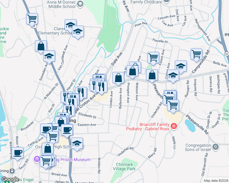 map of restaurants, bars, coffee shops, grocery stores, and more near 108 Croton Avenue in Ossining