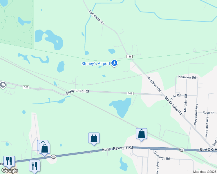 map of restaurants, bars, coffee shops, grocery stores, and more near 2937 Brady Lake Road in Ravenna