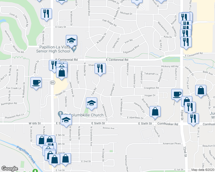 map of restaurants, bars, coffee shops, grocery stores, and more near 807 Leprechaun Lane in Papillion